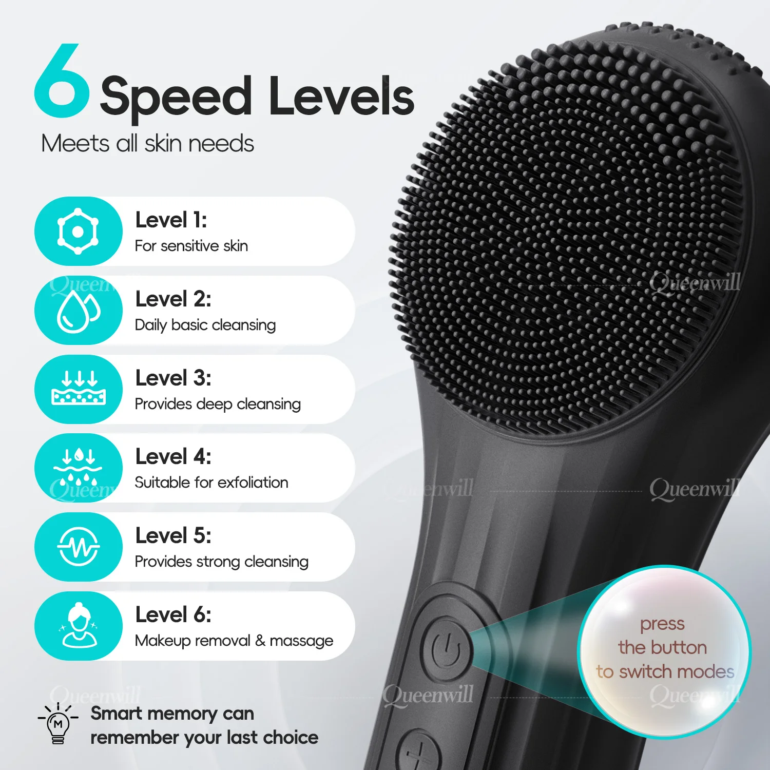 Limpador facial elétrico de silicone, dispositivo de beleza, vibração ultrassônica, à prova d'água, limpeza profunda, massagem, esfoliante, limpador de poros