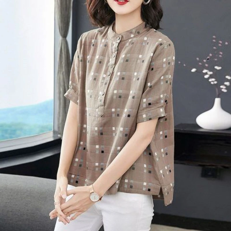 Vintage Plaid Printing Shirt Tops Short Sleeve Button All-match Loose Casual Blouse Women Clothing Fashion Harajuku Summer New