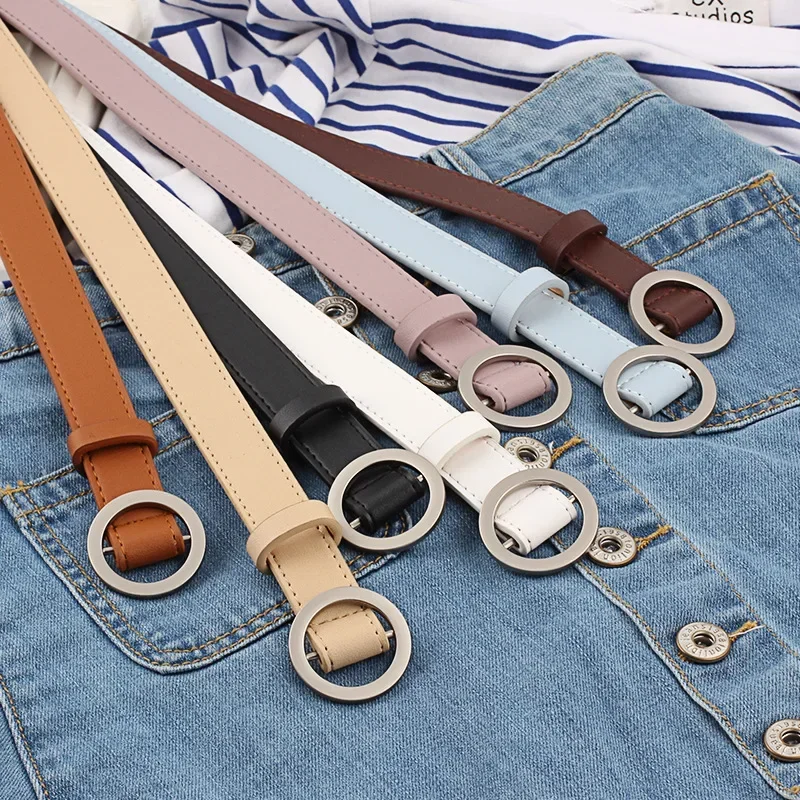 2.3x105cm Women Round Buckle Belt Without Hole Simple Solid Color Jeans Waistband Versatile Fashion Decorative Thin Waist Belts