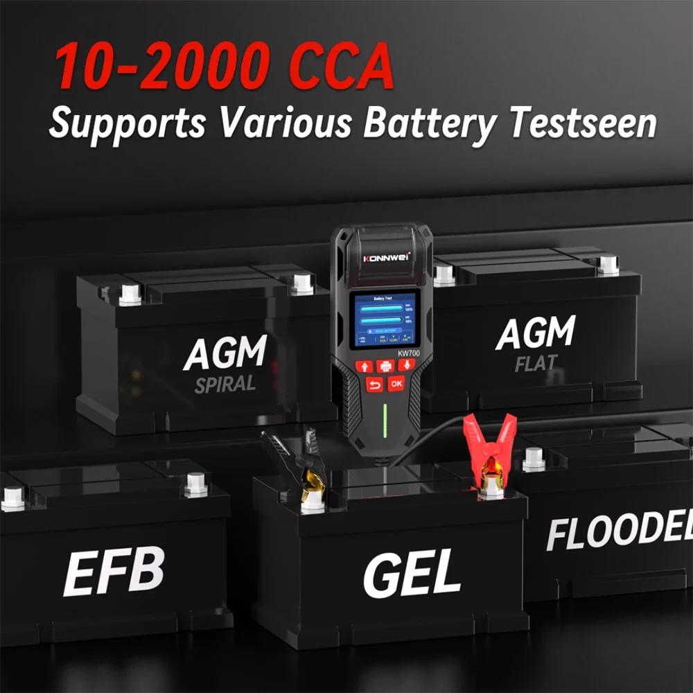 KONNWEI KW700 12V-24V Car Truck Lead-acid Battery Tester with Printer,Ripple Analyzer Cranking Charging Test Tool 10-2000CCA