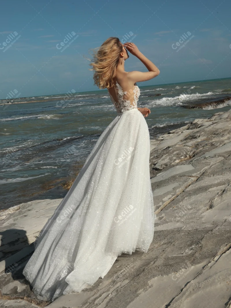 Glitter Wedding Dresses A-Line Tulle Tiered Bridal Gowns Sleeveless Backless Robes Sweep Train Glamorous Vestidos De Novia 2024