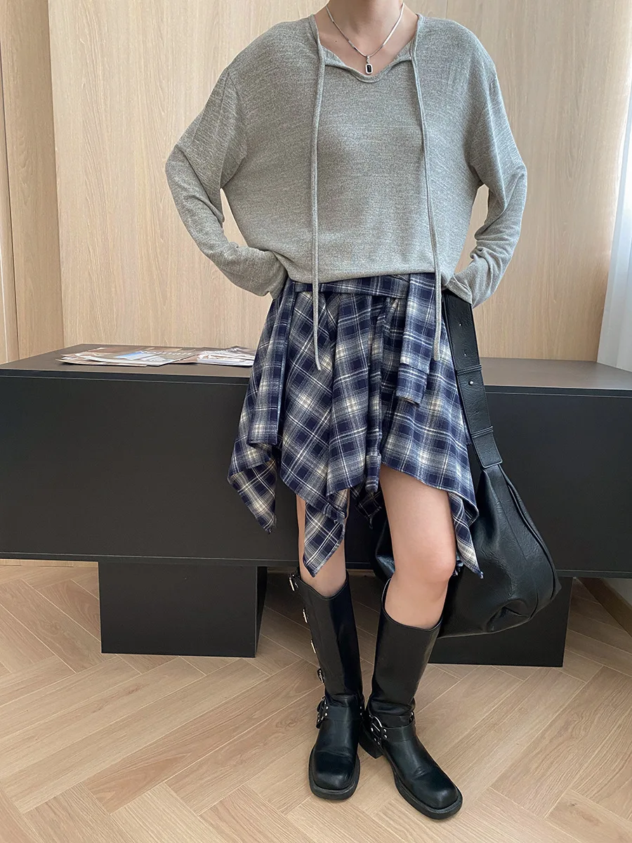 Women Plaid Skirts Knee Lenth Skirt Irregular Hem A Line High Elastic Waist Loose Office Lady Elegant Casual 2025 Spring Autumn