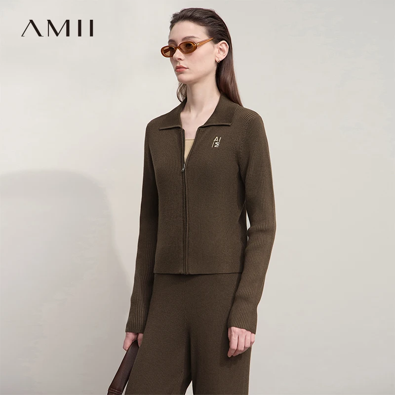 

AMII Cardigan For Women 2025 Autumn New Minimalist Casual Slim Cardigans Lady Zipper Knitted Long Sleeve Women's Sweater12543128