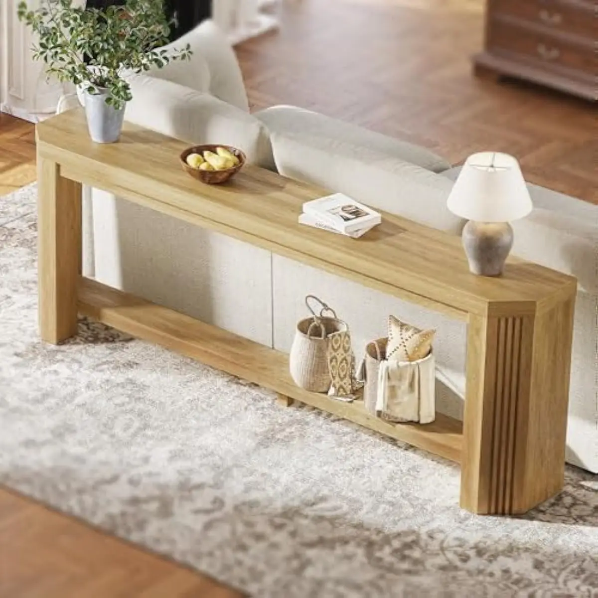 70-inch slim console table for foyer or living space, natural oak finish MDF construction, open shelving design, stable 11.8-inc