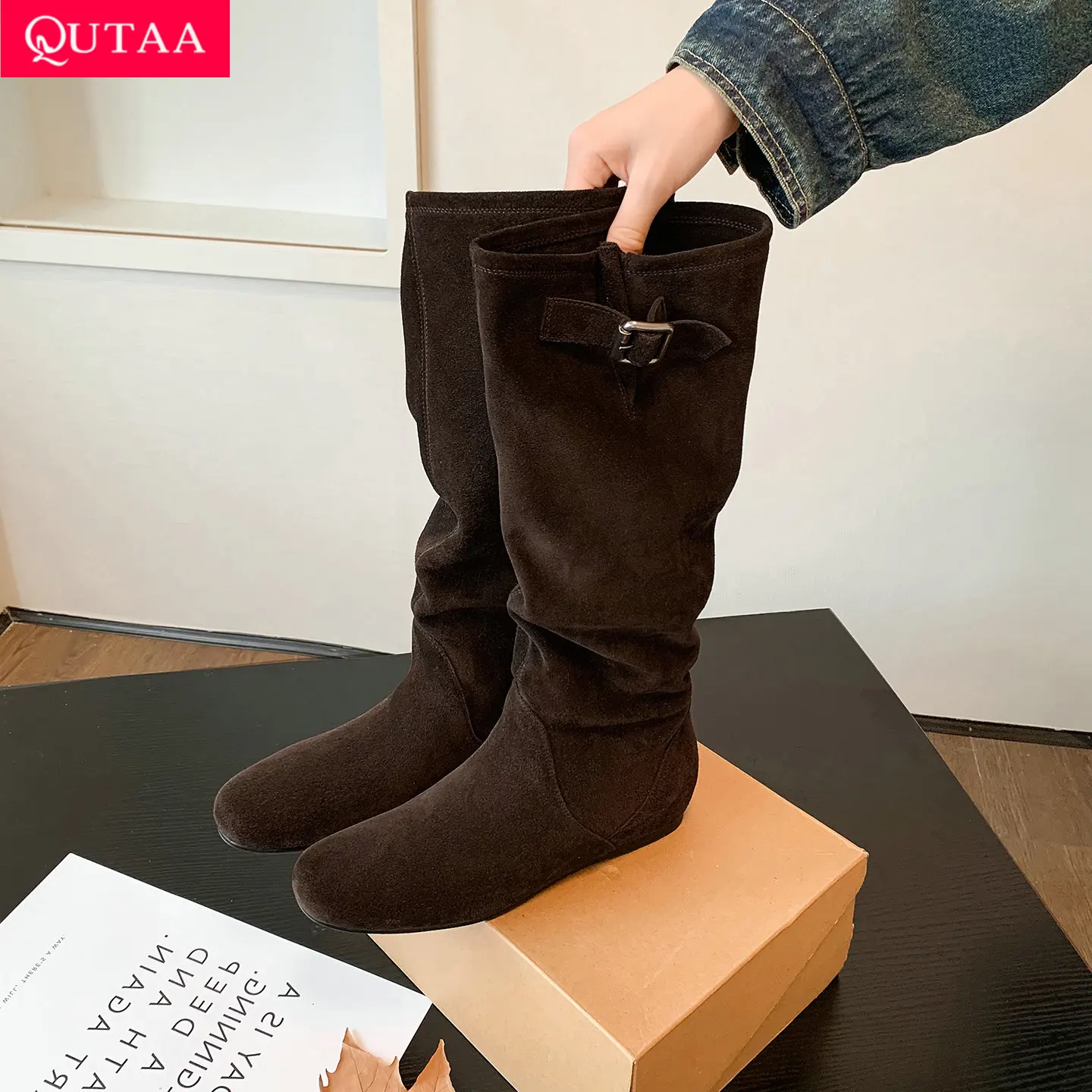 QUTAA 2027 Fashion Cow Suede Women Knee High Boots Winter Woman Shoes Leather Flats Heels Autumn Casual Wrinkle Long Boots 34-41