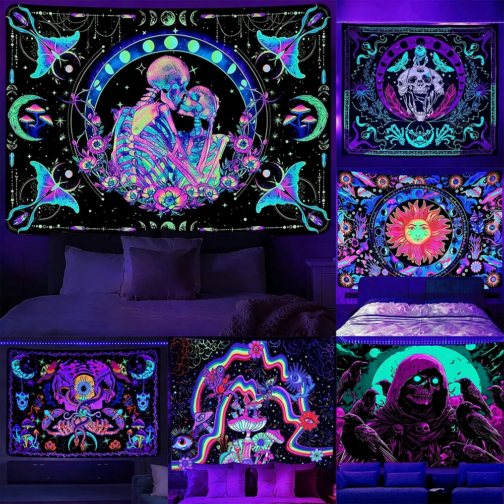 

Glow-in-the-Dark Tapestries with Skeletons and Neon Designs UV reaction tapestry background decoration bedroom party decoration