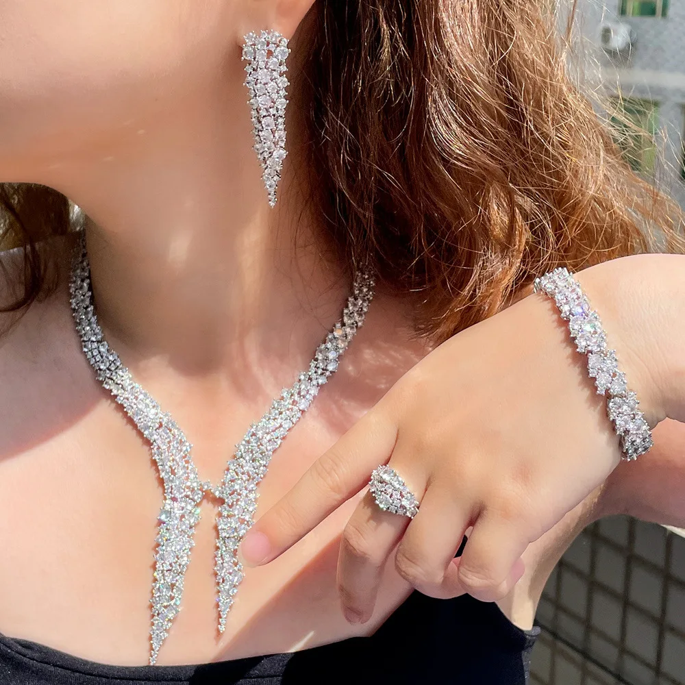 Luxury Lab Diamond Jewelry set 14K White Gold Engagement Wedding Rings Earrings Necklace Bracelet For Women Party Jewelry Gift