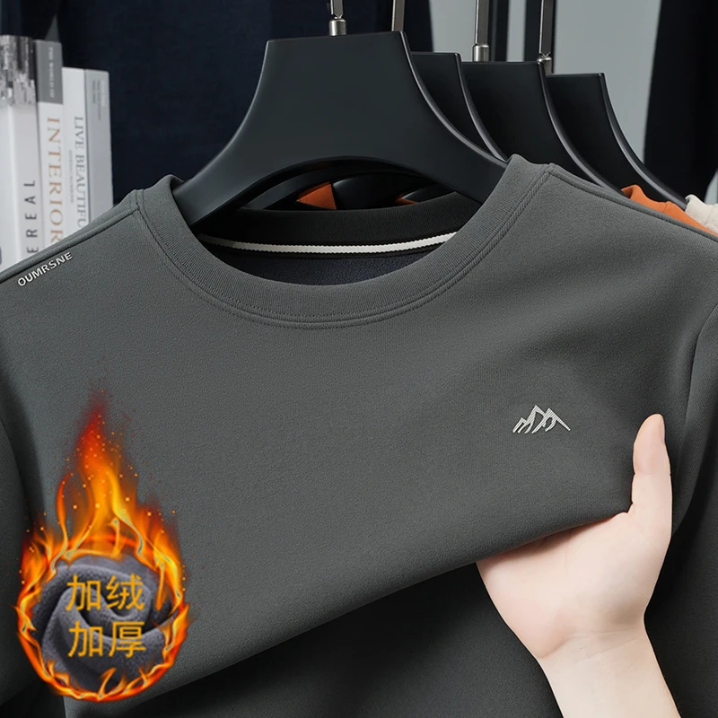 2025 invierno nuevo terciopelo grueso cuello redondo Sudadera con capucha Casual de los hombres de Color sólido Casual camiseta de manga larga camisa Base versátil de los hombres