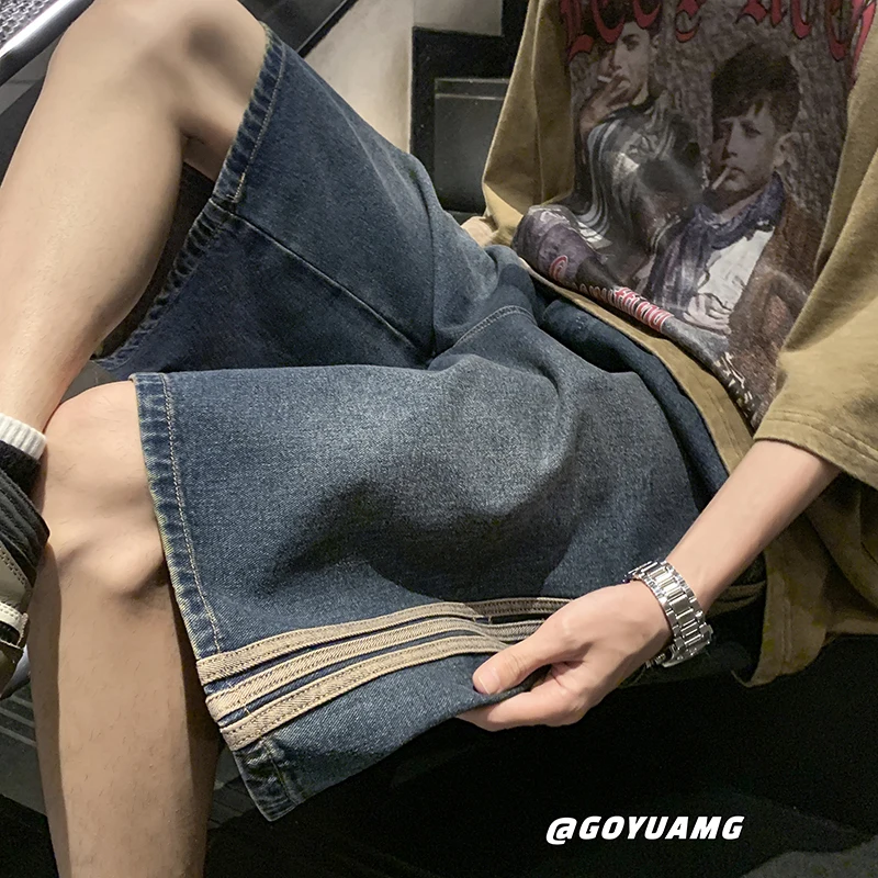 

Blue Men's Denim orts Summer Five-Point Casual Striped Loose Straight Leg Jeans American Retro Sle Youth ular Faion