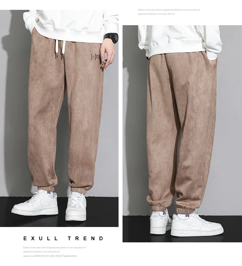New suede pants with added velvet for autumn and winter, men's trendy brand loose sports sweatpants, versatile and casual with b