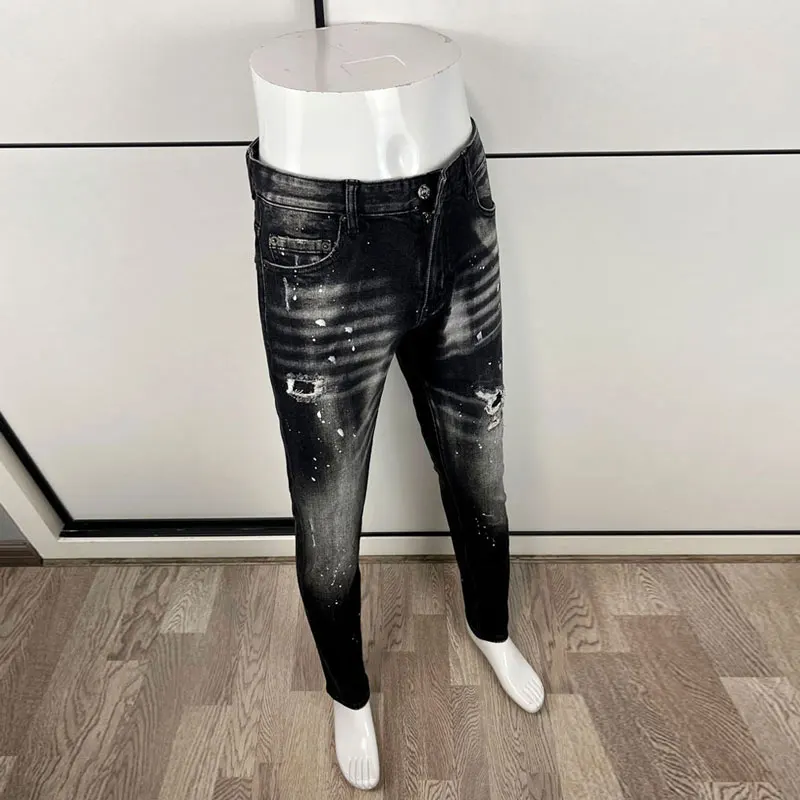 

Y2K Fashion Men's Retro Jeans High Quality Stretch Slim Fit Painted Ripple Jeans, Men's Brand Designer Retro Black Grey Pants,