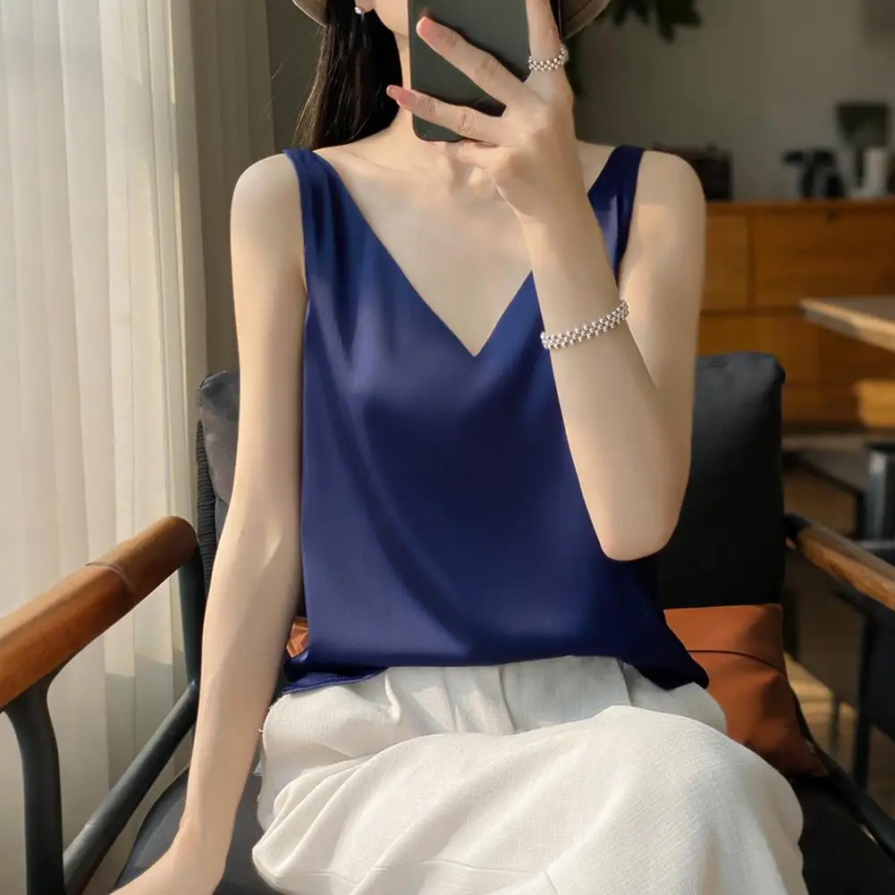 Damen-Weste, V-Ausschnitt, ärmellos, einfarbig, Tanktops, lockere Passform, glatter Satin, Oberteile für den täglichen Gebrauch, vielseitig einsetzbar