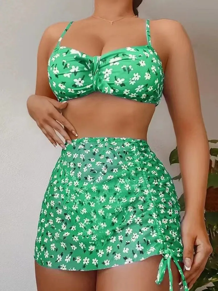 Sexy Floral Twist Bikini Three Pieces Push Up Swimsuit Women Cover Up Swimwear High Waist Skirt-Style Beach Bikinis Set 2024 New