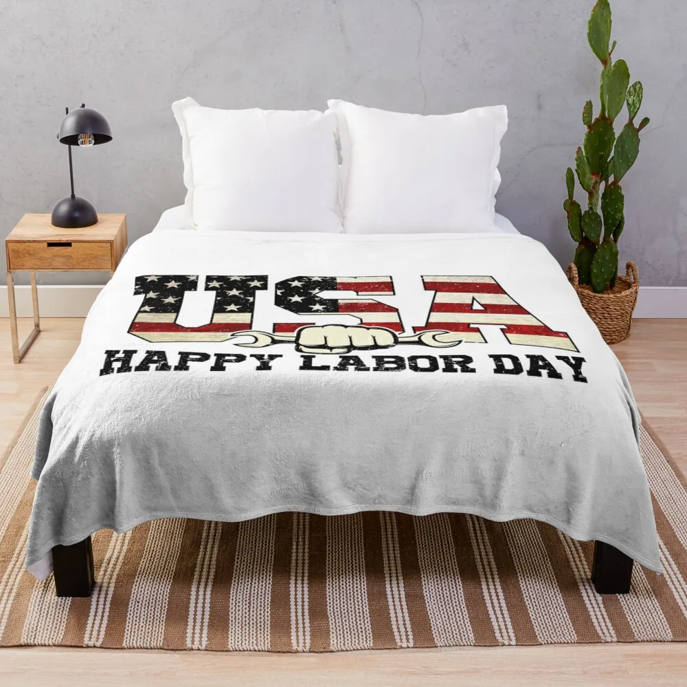 Patriotic Labor Day USA Flag T-Shirt Vintage Worker Fist Design Throw Blanket Bed covers blankets and throws Vintage Blankets