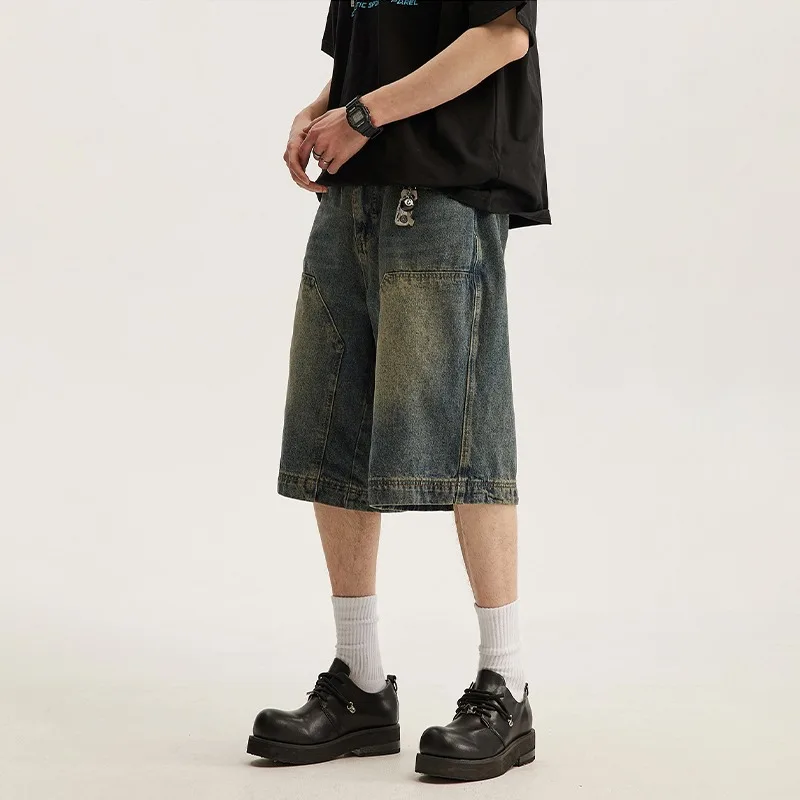Summer New Washed Denim Shorts, Men's Loose Casual Versatile Mid-length Pants, American High Street Straight Five-point Pants