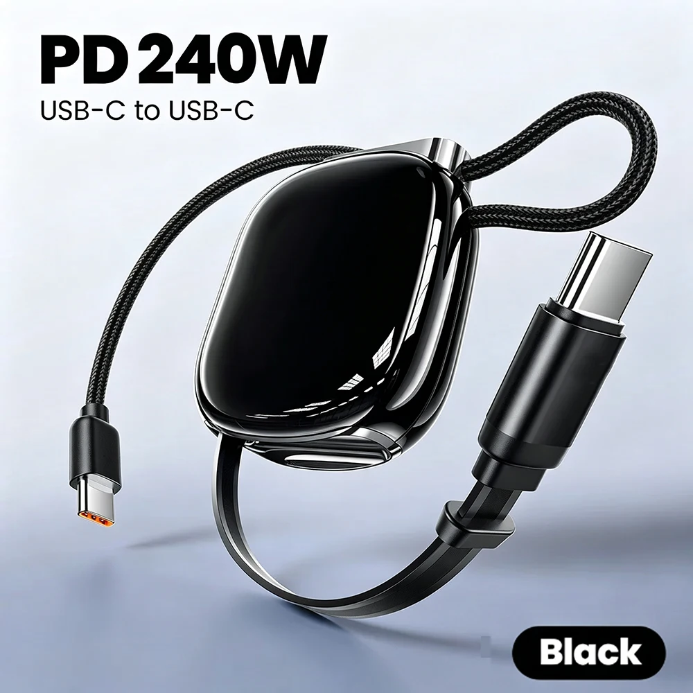 Câble USB-C rétractable HANNUO 240W pour iPhone Samsung, cordon magnétique à simple tirage pour voyage, mini chargeur rapide Type-C, cordon de données
