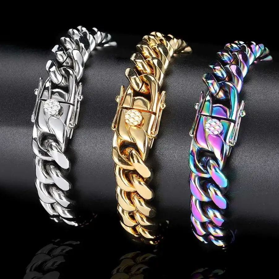 6/8/10/12/14/16mm Gold Color Stainless Steel Curb Cuban Link Chain Bracelet Bangle Jewelry 7-10inch Gift for Men Women