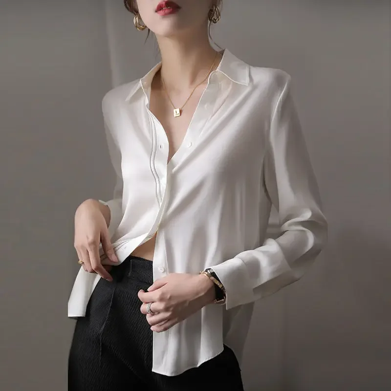 Clothes Fine Elegant Womens Shirt & Blouse Satin Tops for Women Formal White Silk with Sleeves Office Outfits Wear To Work Y2k M