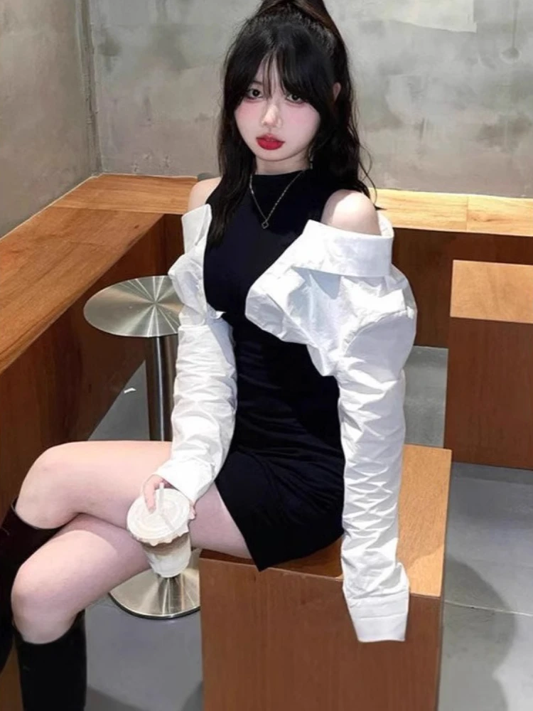 Franse nep tweedelige jurk zwart wit ronde hals off-shoulder bodycon mini-jurk zoet pittig sexy afslankende taille tienerstijl