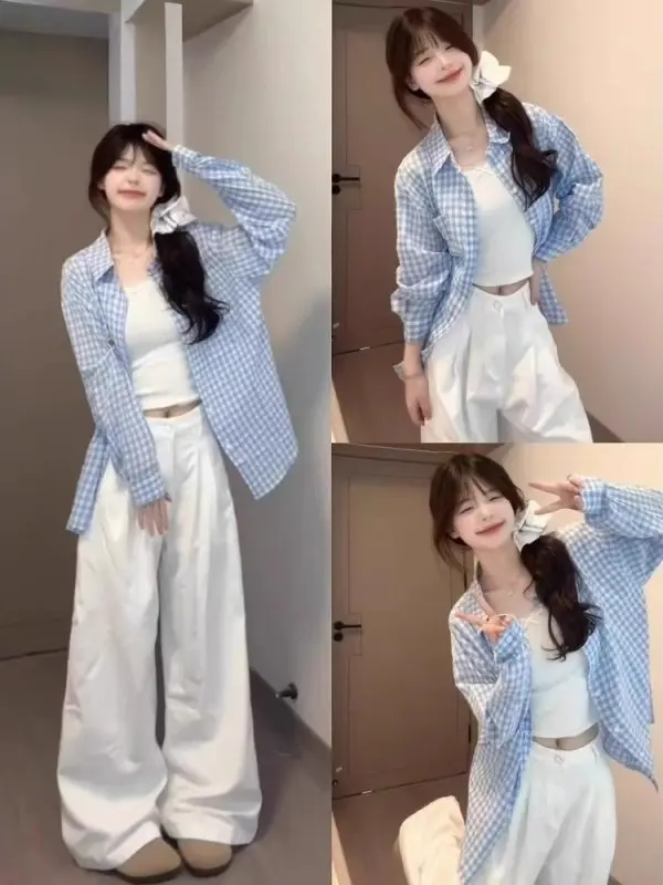 

Casual Korean Plaid Shirt Jacket Women's Early Spring Small Size Loose Lazy Style Sunscreen Outerwear Long Sleeve Blouse