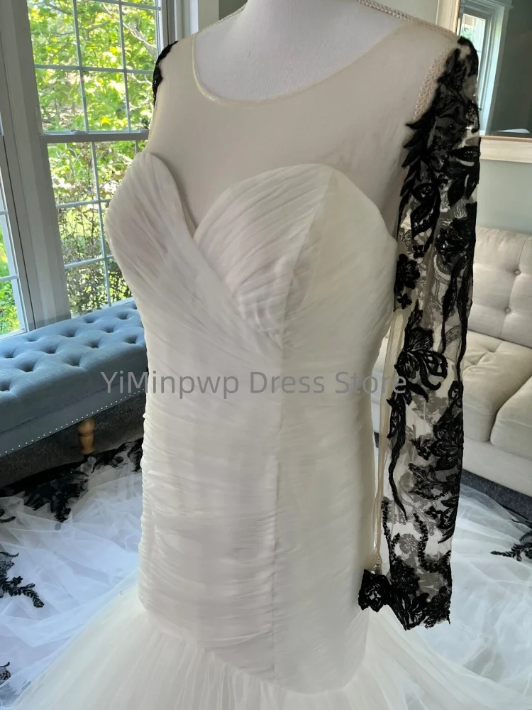 Gothic Wedding Dresses O-Neck Long Sleeve Mermaid Bride Dress Appliques Pleat Halloween Bridal Gown Customized robe de mariée