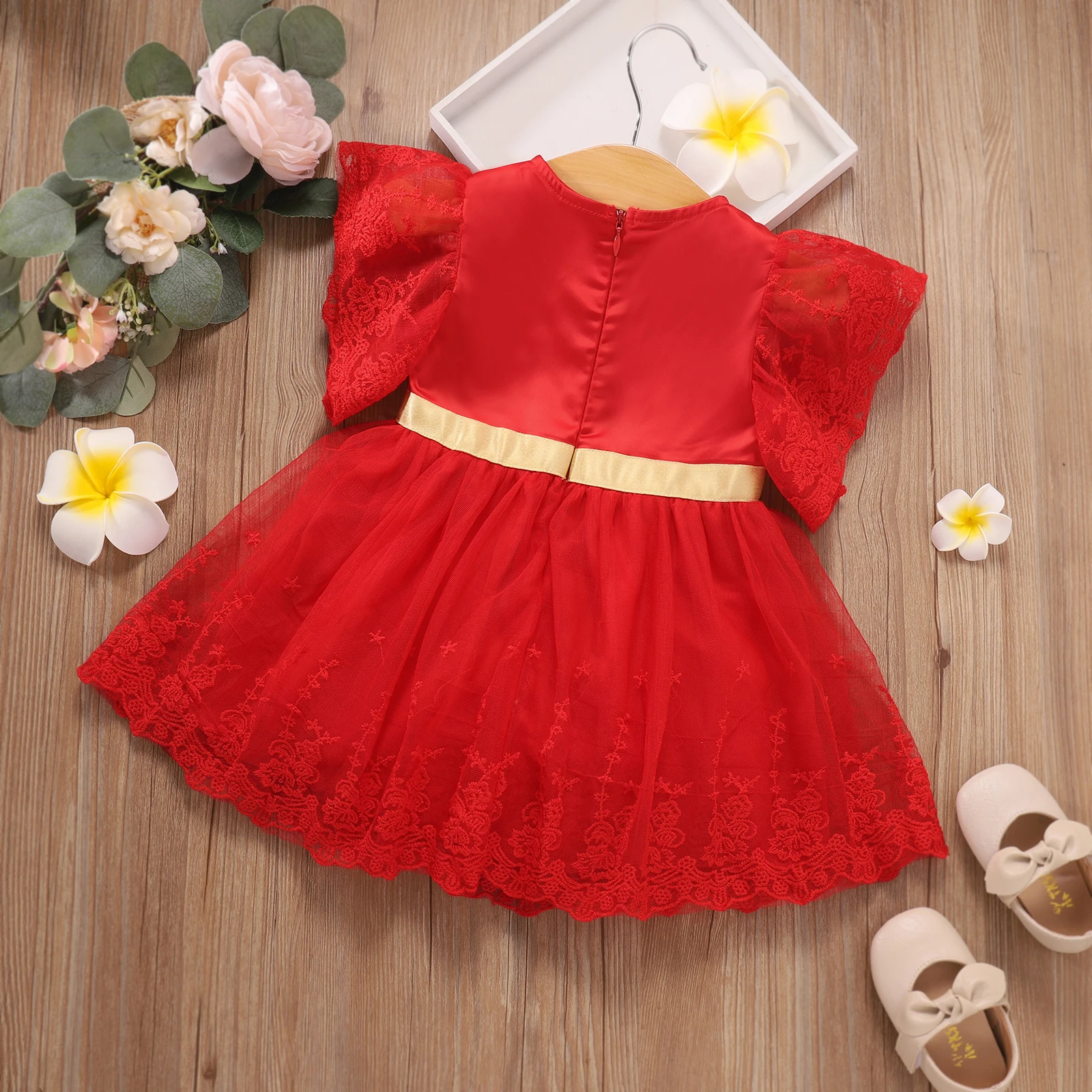 Girls Summer Casual Red Lace Sleeve Tulle Dress Infant Girl's Clothing Soft Comfortable Fabric Floral Trim Lightweight Dress