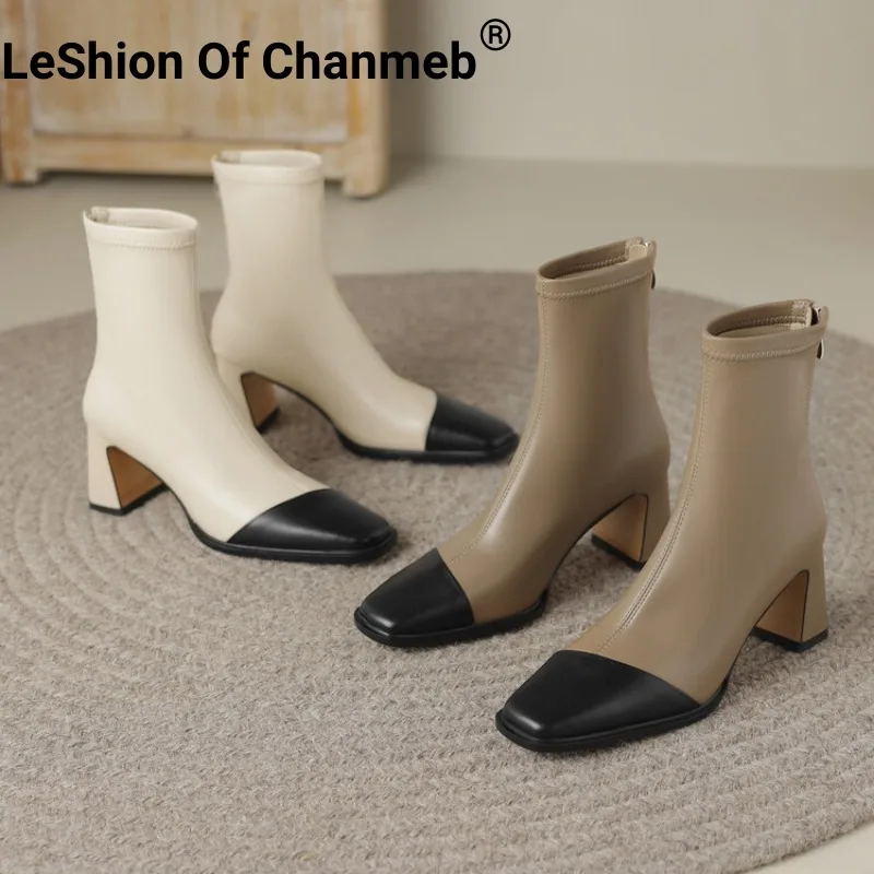 LeShion Of Chanmeb Stretch Boots for Women Medium Heels Square Toe Zipper Ankle Short Boots Mix Colors Woman Shoes Autumn Winter