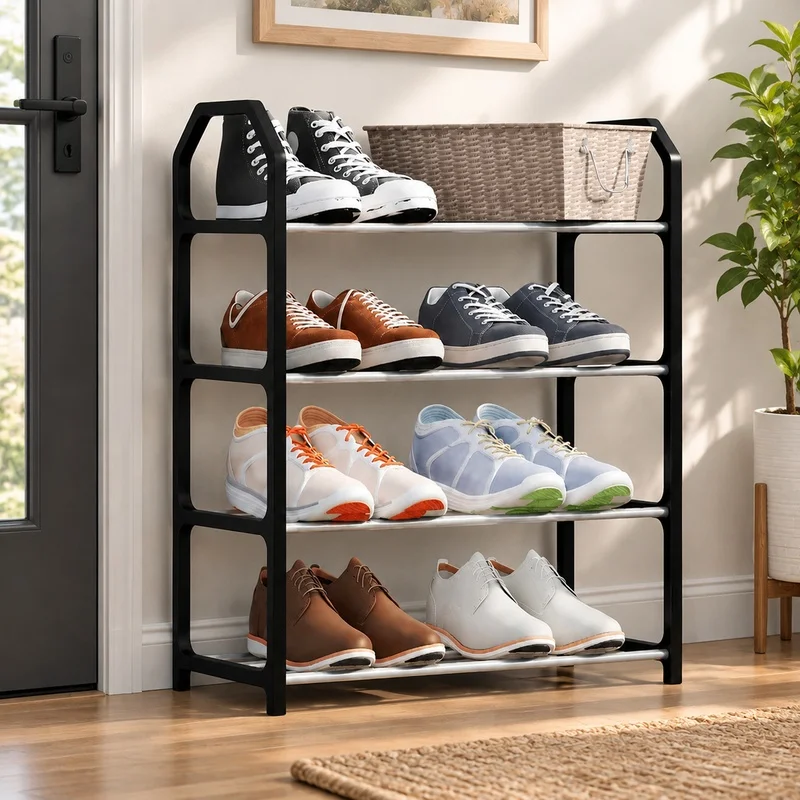 Multi-Level Shoe Storage Rack with Dust Cover, 4-Tier Organizer for Dorm Rooms