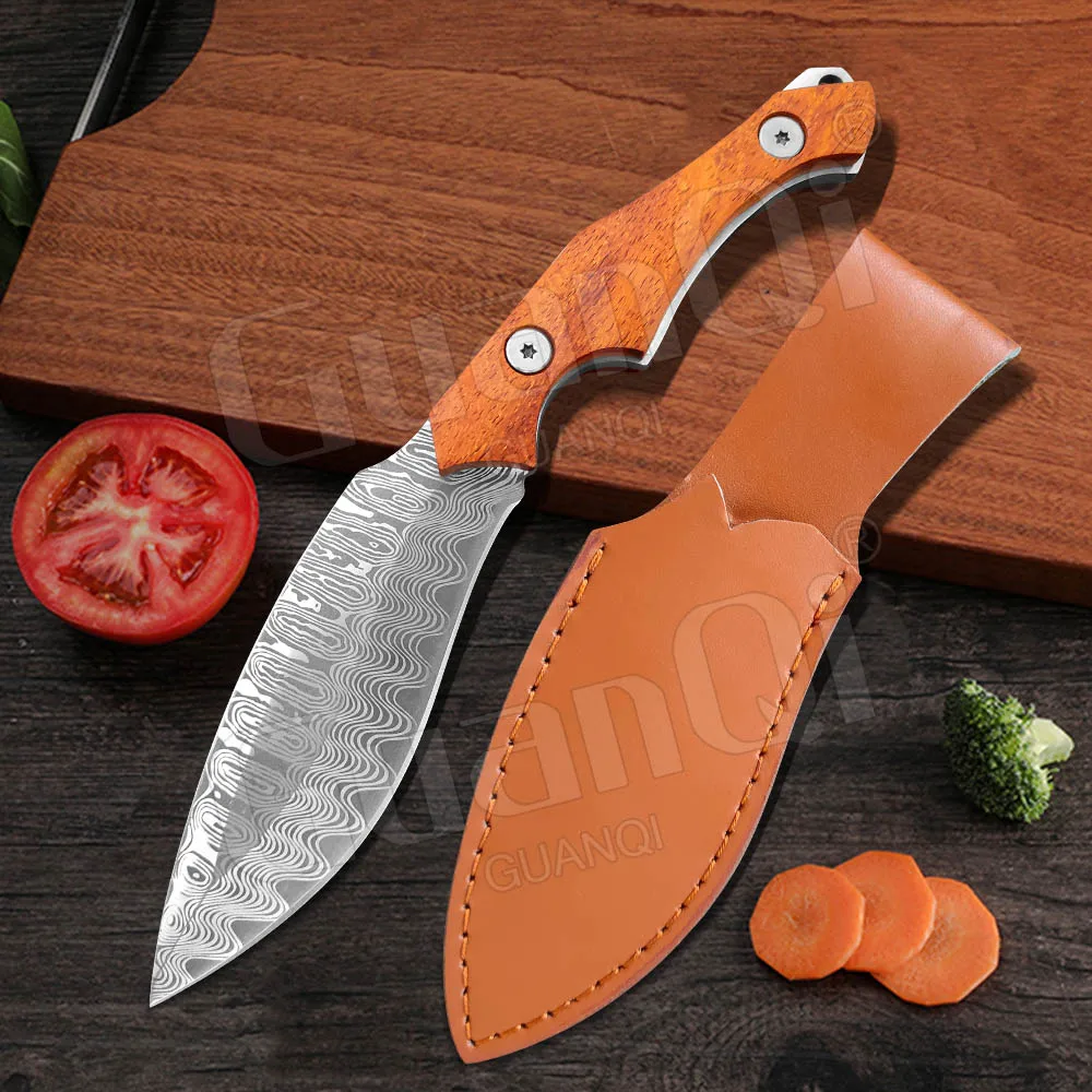 Butcher Knife Damascus Laser Pattern Chinese Boning Knife For Kitchen Wood Handle Knives With Leather Case