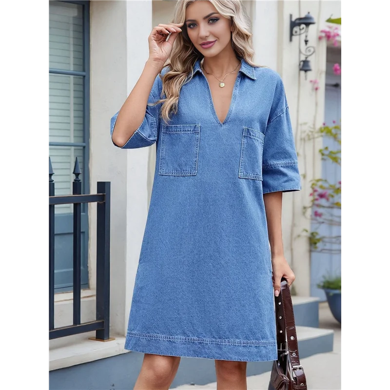 فستان قميص نسائي من قماش الدنيم صيفي بياقة على شكل V فساتين جينز كاجوال صغيرة مع جيوب