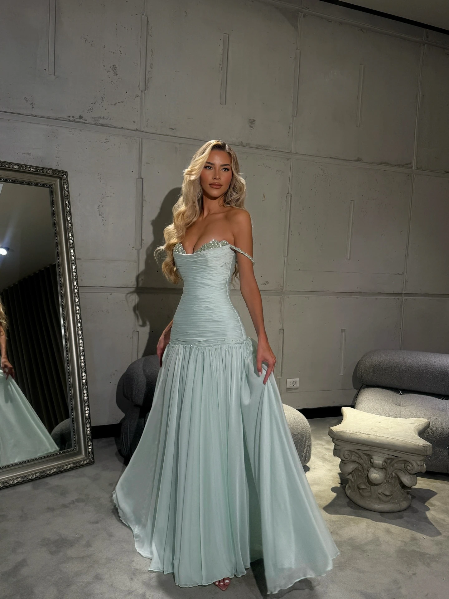 Galarity Light Blue Prom Dress Off Shoulder Special Occasion Dress Ruched Beaded Party Dress Formal Evening Dress Customized image 5