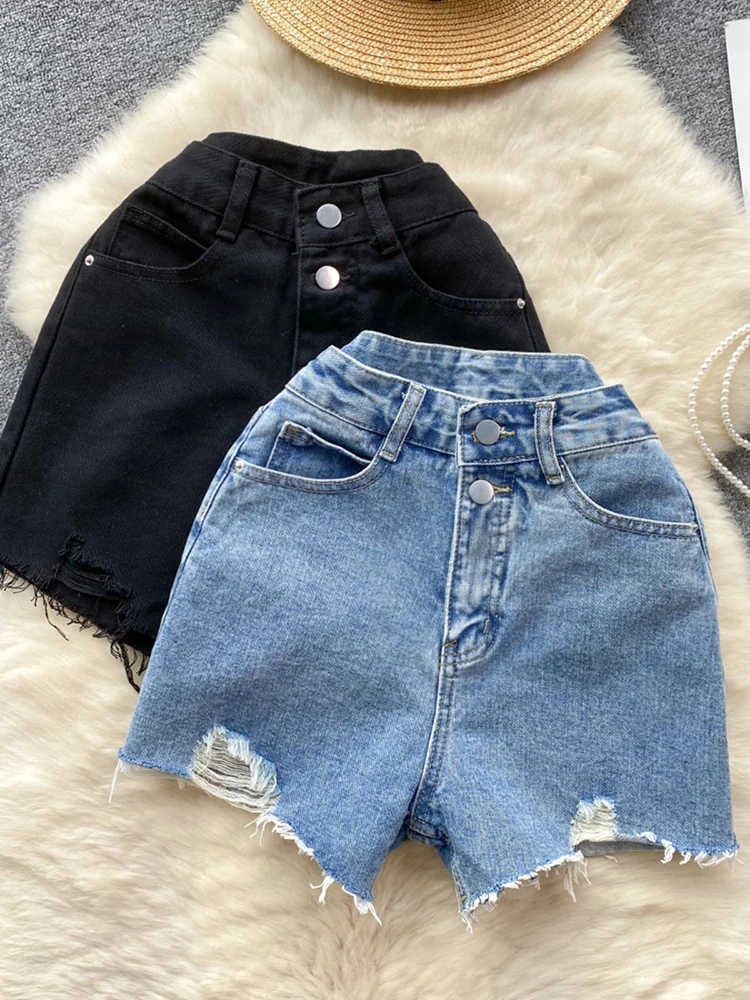 

Vintage Women Denim Shorts Summer New High Waist Raw Edge Straight Hole Mini Jeans Casual Ladies Shorts Streetwear