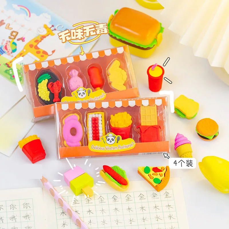 12 box/lot Creative Snack Hamburg Pencil Eraser Cute Writing Drawing Rubber Erasers Stationery Gifts School Supplies