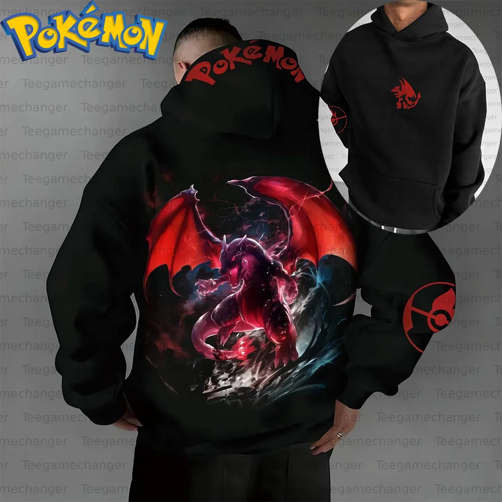 Pokemon Anime Ho-Oh Baumwoll-Hoodie, Harajuku-Hosen-Set, schwarzer Charakterdruck mit roten Flügeln, lila Körperflamme, Aura-Muster