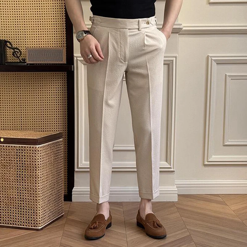 Italian Naples Trousers Men Vintage Solid Color Slim Straight Trousers Autumn Mens Trendy Belt High-waisted Design Suit Trousers