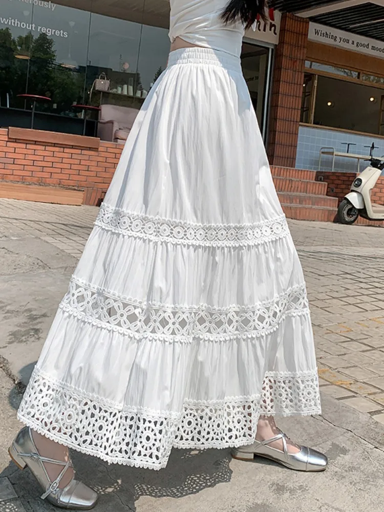 

Bohemian Hook Flower Hollow out Splicing Women's Summer Vacation Unique A-Line Cake Umbrella Skirt with High Waist