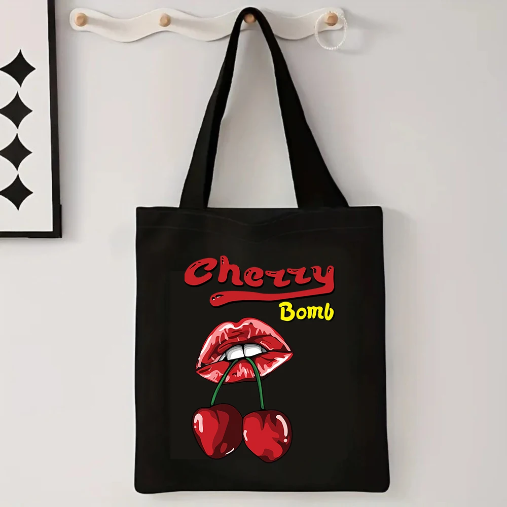Cherry Bomb Lips Canvas Tote Bag Rockabilly Style Shoulder Bag