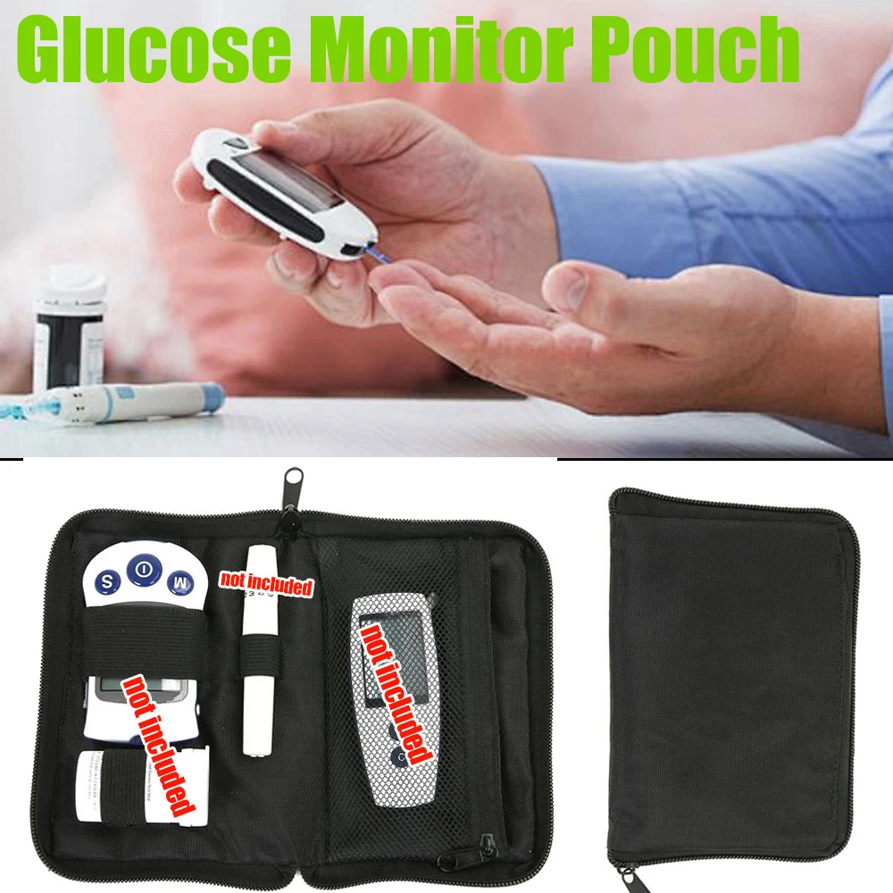 

Portable 16x11cm Zippered Storage Bags Black Cloth Organizer for Glucose Monitor Blood Meter Instrument Pouch