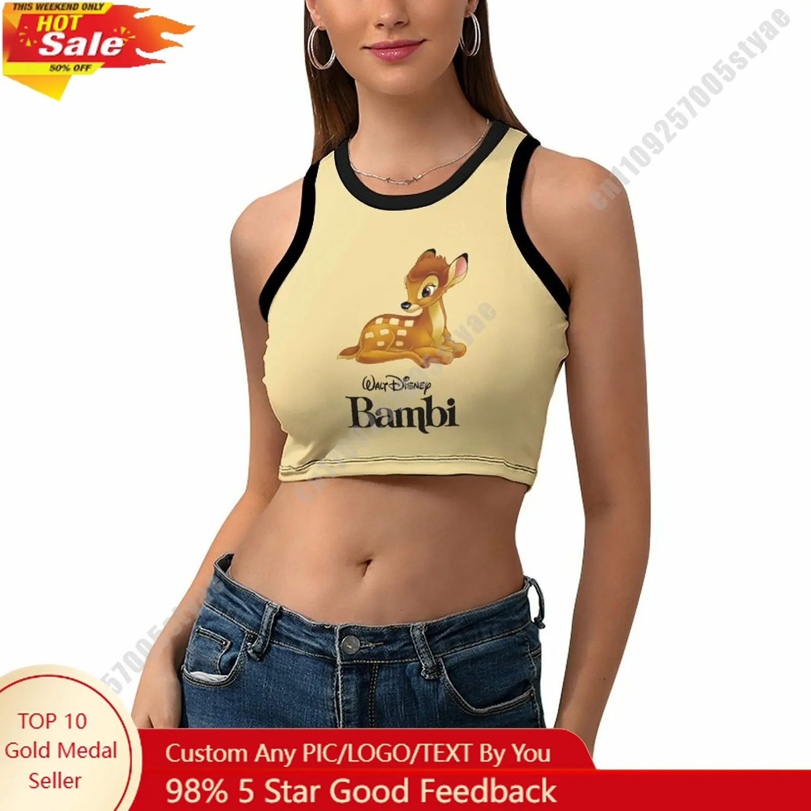 

Bambi Vest Disney Pattern Custom Photo Text Crop Tank Racerback Vest Personalized Graphic Sleeveless Crop Top