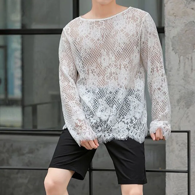 Man Lace T-shirt New Hollow Long Sleeve Bottoming Shirt Fashion Casual High Street Solid Color Men\'s Wear