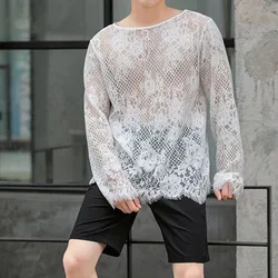 Man Lace T-shirt New Hollow Long Sleeve Bottoming Shirt Fashion Casual High Street Solid Color Men's Wear
