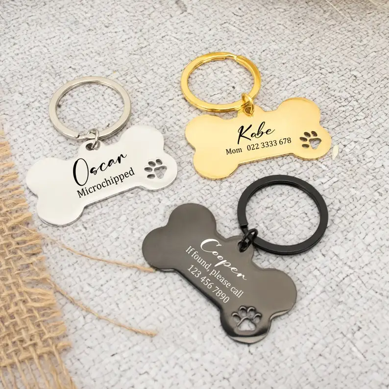Étiquette de nom de chien personnalisée, étiquette de chien en os gravé pour collier d'animal de compagnie, en acier inoxydable, étiquette de nom d'identification de chien, cadeau pour animal de compagnie 2024