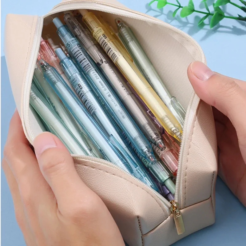 White Large-Capacity PU Leather Pencil Pouch: Zippered Stationery Storage for Students