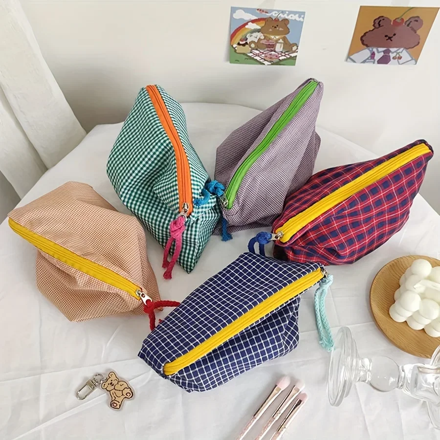 Heißer Verkauf Frauen Plaid Make-Up Tasche Große Kapazität Baumwolle Mäppchen Geldbörse Reise Make-Up Tasche Tragbare Einfache Tasche Kosmetik Tasche