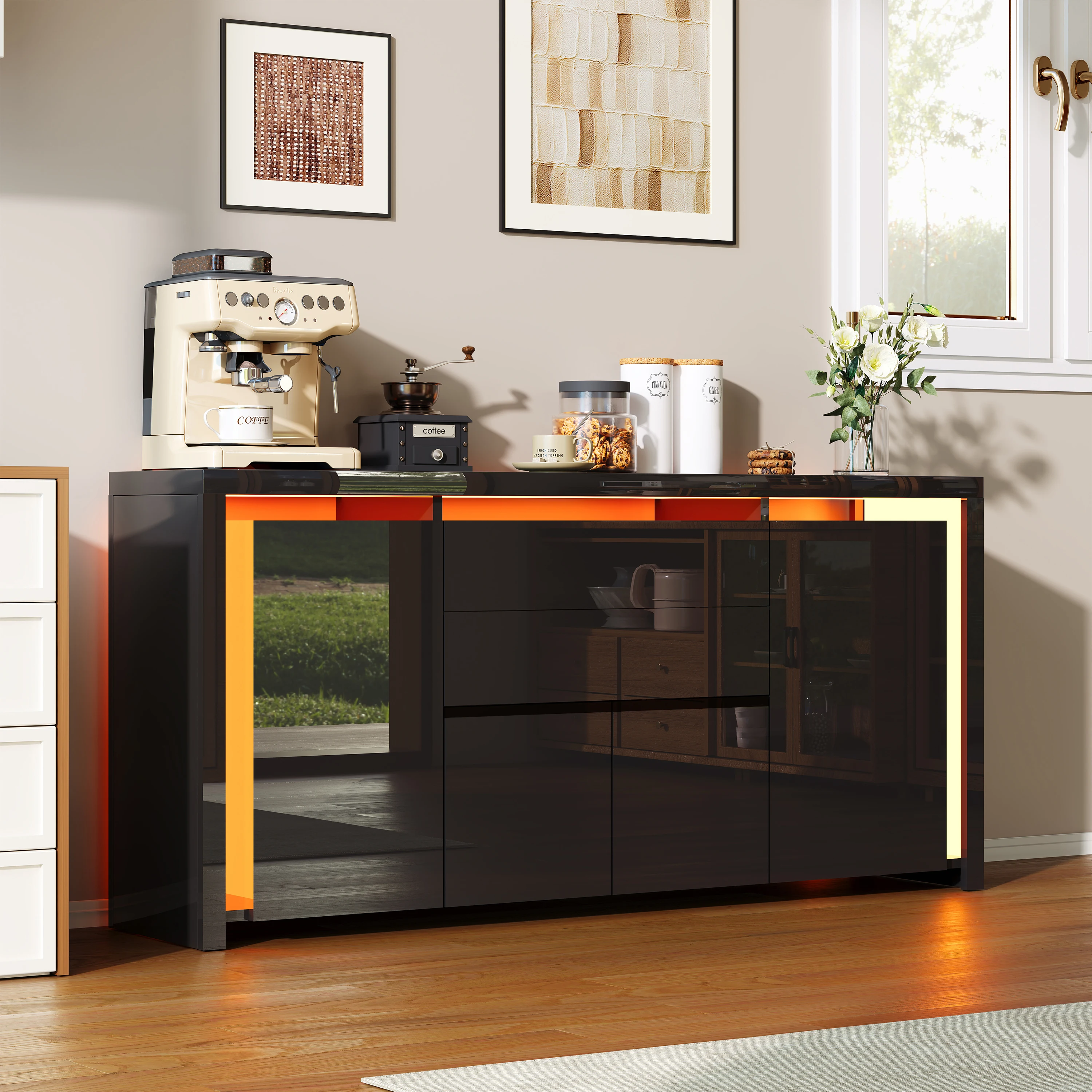 Rosahqnda Hochglanz-Sideboard für das Wohnzimmer mit 3 Schubladen, Buffetschrank, moderner Wohnzimmerschrank für Esszimmer und Flur