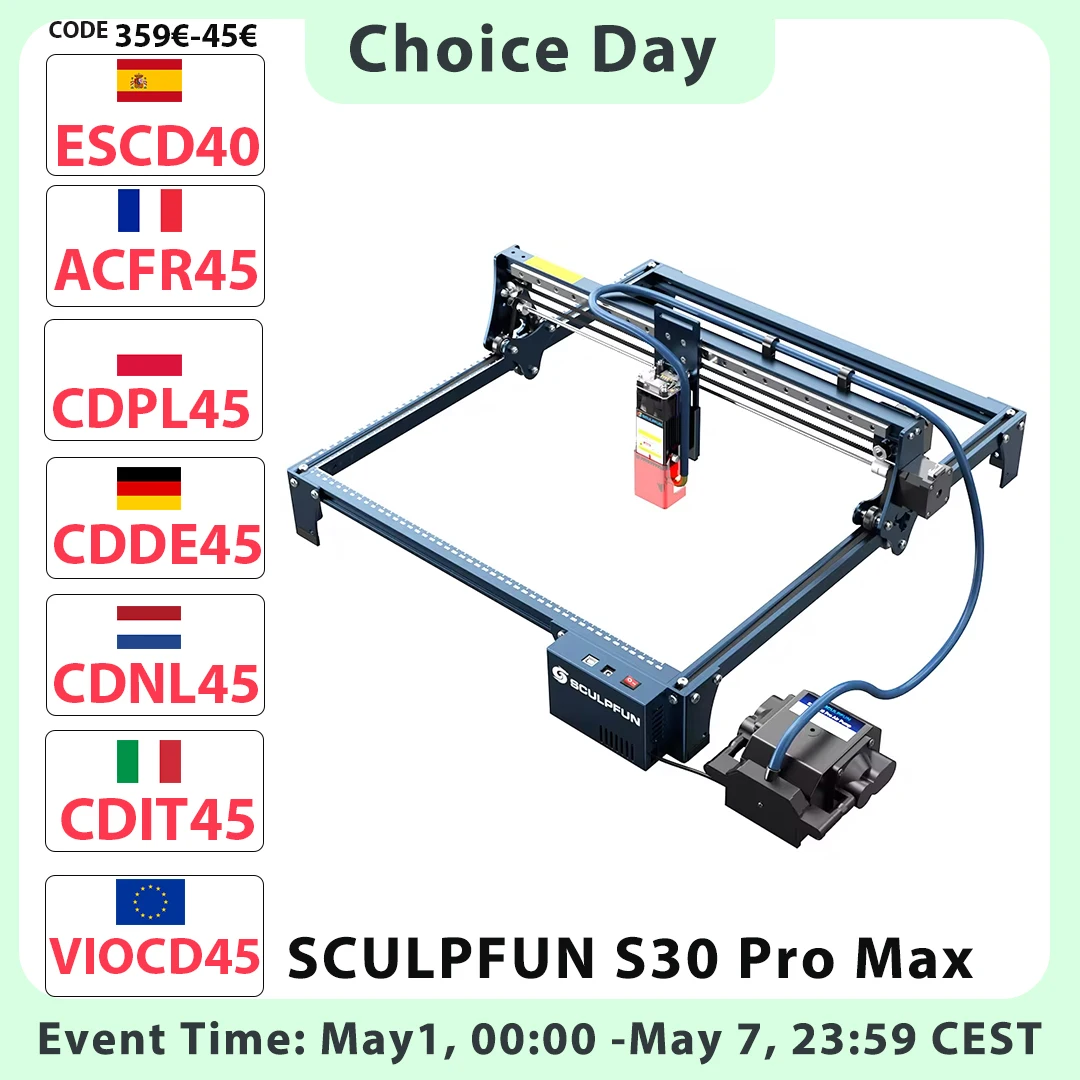 Graveur et découpeur laser SCULPFUN S30 Pro Max 20W, assistance pneumatique automatique, mise au point laser, carte mère 32 bits, lentille remplaçable, laser
