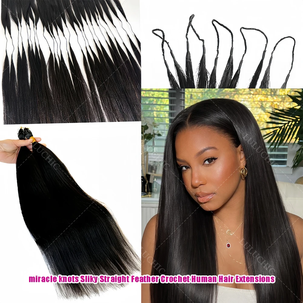 

# Натуральные черные волосы 1B Natural Black Miracle Knots Feathered Human Crochet Hair, предварительно разделенные пучки для многоразовых косичек.