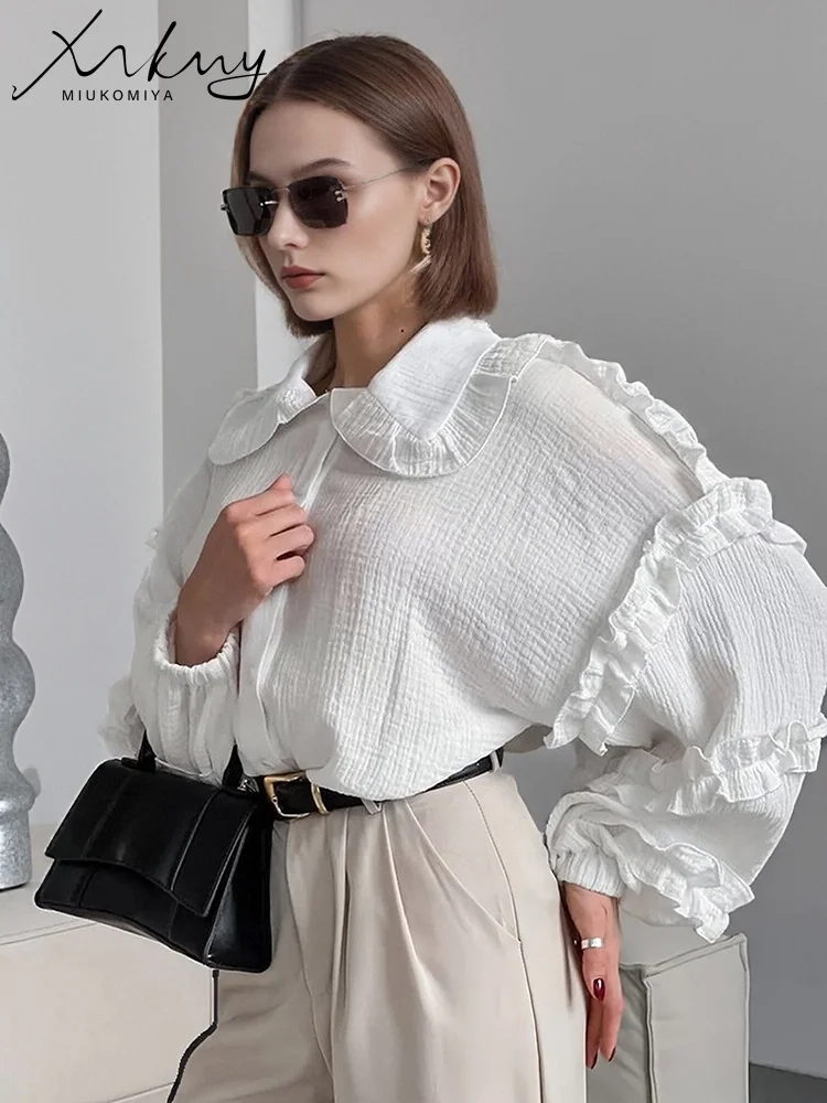MiuKoMiYa White Ruffle Shirts Women Cotton Lantern Sleeve Tops Fashion Loose Ruffle Blouse For Women Cotton Shirts Spring