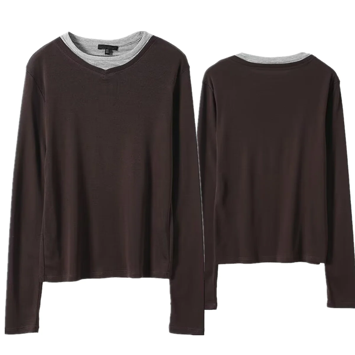 

Dave&Di French Minimalist Stitching Fake Two-piece Cotton Basic T-shirt For Women T-shirt Woman Clothes Female Clothing Tops