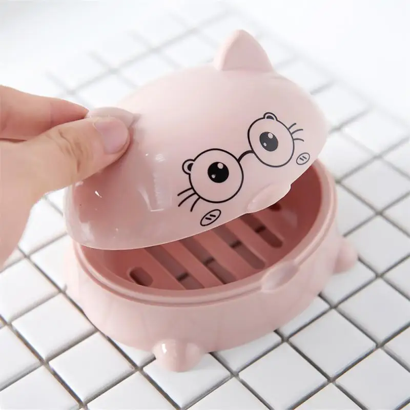 New Cartoon Cat Soap Dish With Cover Portable Cute Shower Soap Box Storage Plate Tray Holder Case Bathroom Accessories